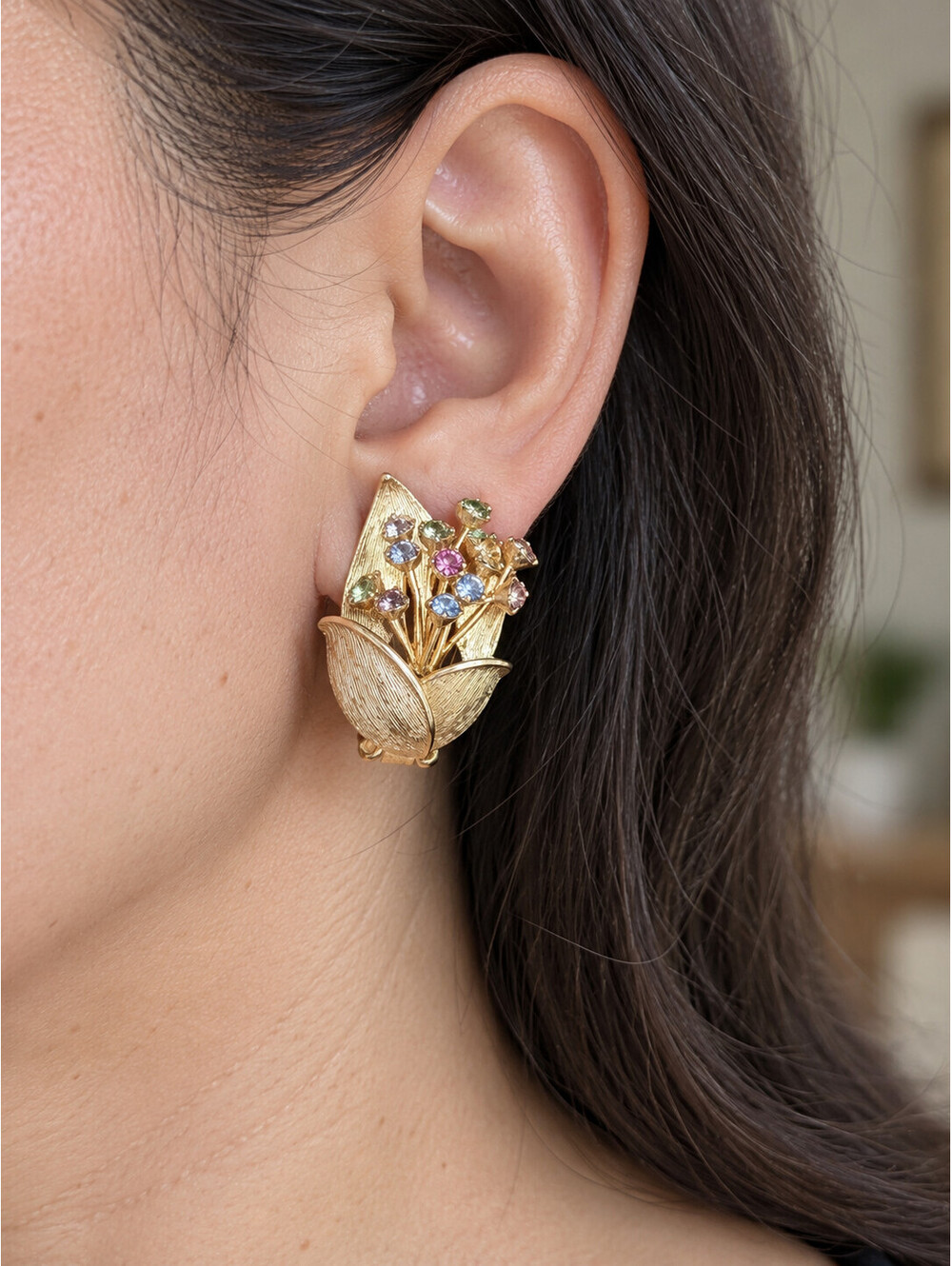Vintage Pastel Rhinestone Flower Bouquet Clip On Earrings Gold Tone Mid Century